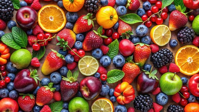 Colorful fruit and berry flatlay