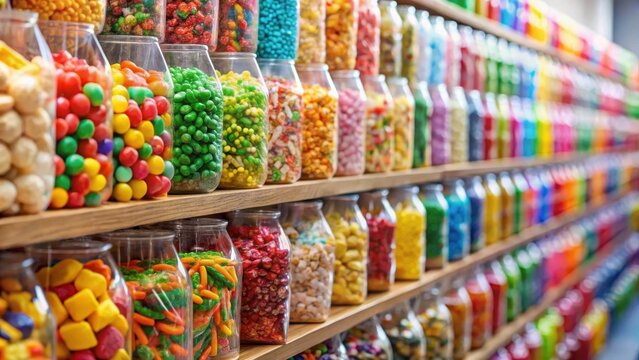Assorted candy bags on supermarket shelf displaying colorful variety of sweet treats concept of snack choices