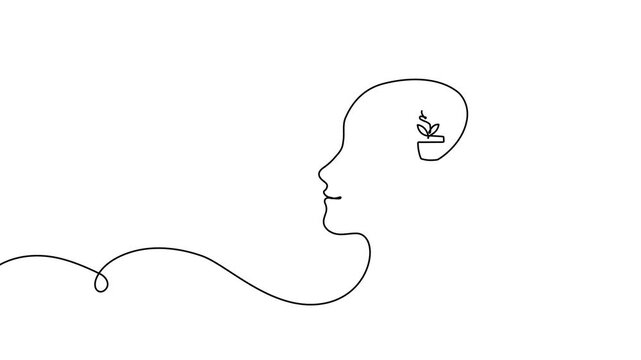 Continuous one line brain head abstract concept mind human mental leaves think garden tree botanical linear plant drawing template psychology illustration wellness heart icon innovation man mindset