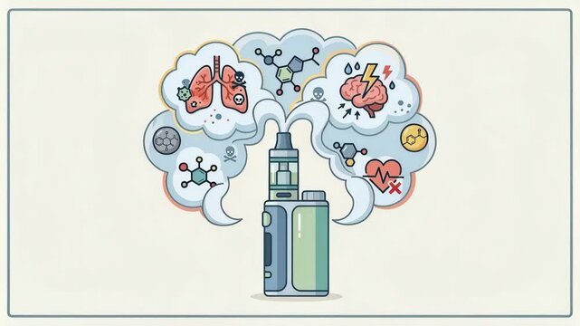 Illustrations show how vaping impacts lungs and introduces chemicals, highlighting health issues tied to this trend.