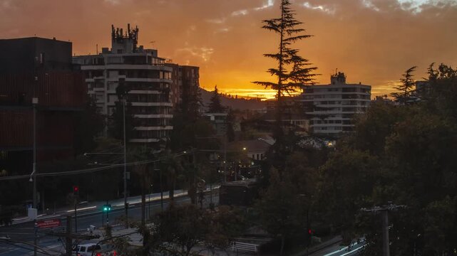 Las condes chile sunset traffic city lights urban timelapse aerial santiago cloudly day