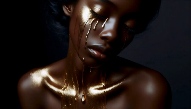 A bride crying tears of liquid gold that pool and solidify on her collarbones, Ai generated image