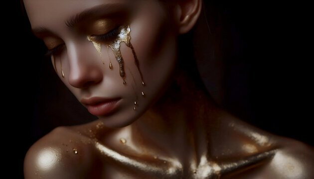 A bride crying tears of liquid gold that pool and solidify on her collarbones, Ai generated image