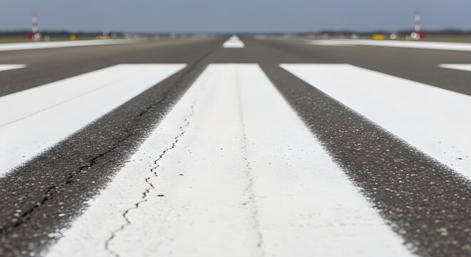 Close-up of an airport runway's textured asphalt, showing white lines and minor cracks. Shallow focus blurs the distant horizon, ready for flights