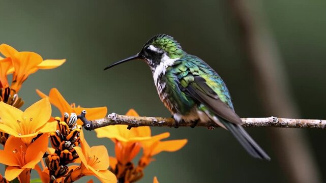 Hummingbird feeding on vibrant orange flowers in natural sunlight