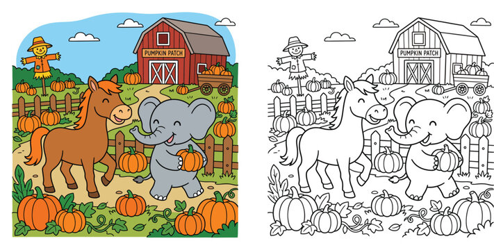 Cute Cartoon Horse and Elephant in a Pumpkin Patch with a Barn and Scarecrow - Autumn Fun Coloring Page