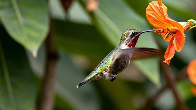 Hummingbird feeding on vibrant orange flowers in natural sunlight