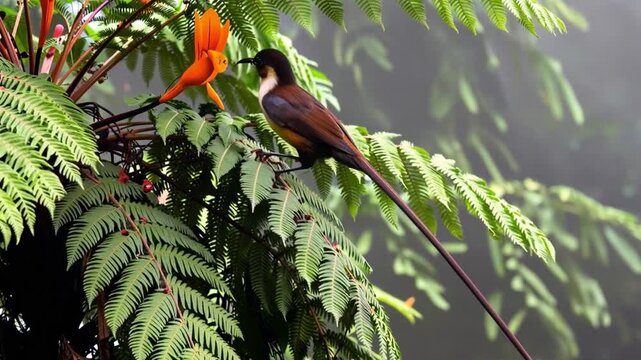 Hummingbird feeding on vibrant orange flowers in natural sunlight