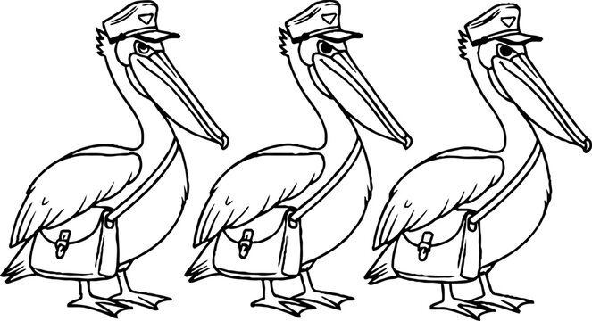 Pelican mail carriers with postman hats and delivery bags