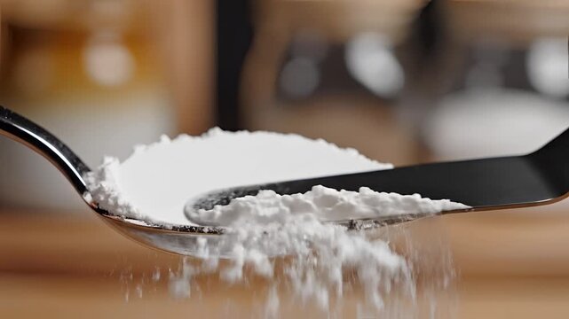 Closeup of white powder being leveled on a spoon with a knife.