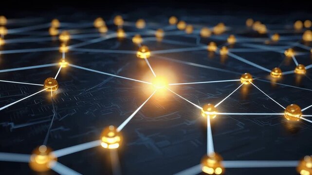 Bright lights connect across a digital network. The focus shifts through various connections, showing their importance in technology.