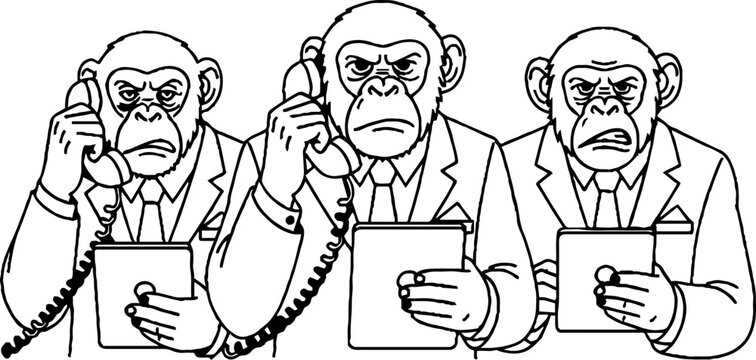 Chimpanzee businessmen in suits using phones and digital tablets