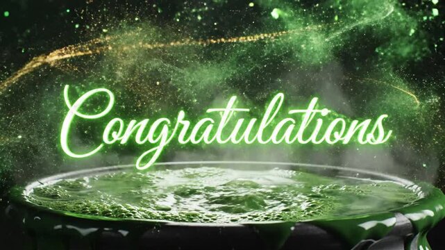 Glowing green congratulations text above a bubbling magic cauldron.