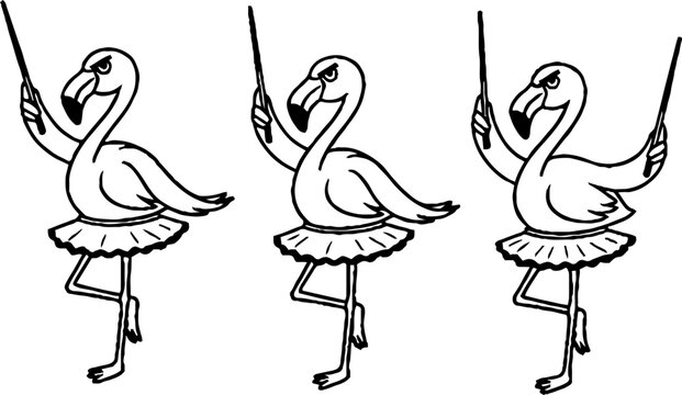 Three flamingos performing ballet in tutus with magic wands