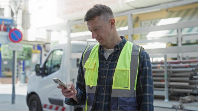Man builder holding smartphone on street by work van wearing high visibility vest and plaid shirt; practical focus.