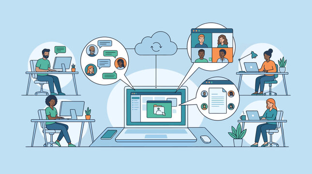 Virtual team working remotely, connected through online meetings, chat, and cloud file sharing for efficient digital collaboration and productivity.