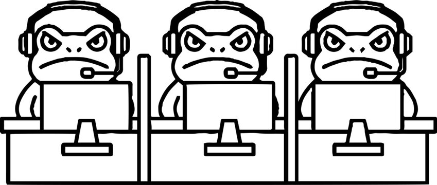 Three grumpy frogs wearing headsets at computer workstations