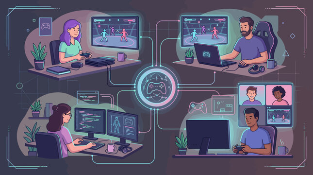 Diverse group of people engaging in online gaming and remote collaboration, connected by technology
