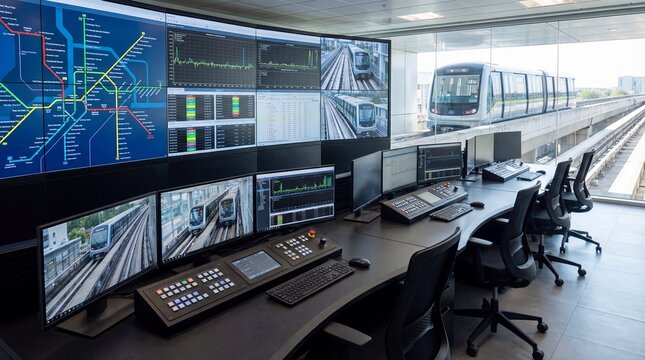Modern urban transportation control center overseeing a sleek train on elevated tracks, showcasing advanced technology and efficient city transit management