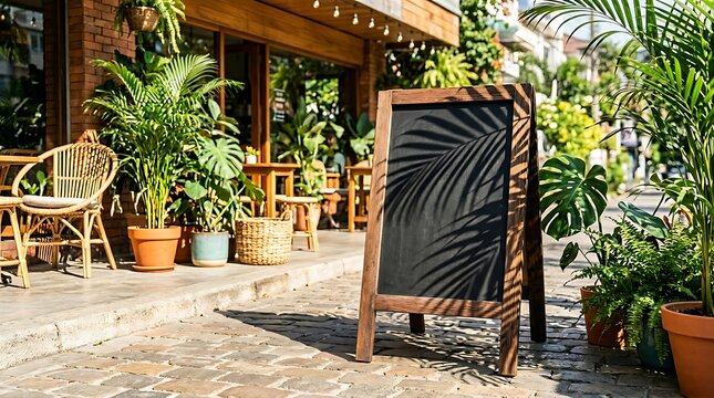 Blank cafe chalkboard sign with tropical plant shadows, ideal for outdoor restaurant menu display and branding background.