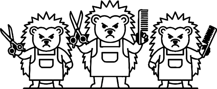 Grumpy hedgehog barbers holding scissors and combs
