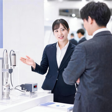 展示会で男性客に機械部品のデモンストレーションをするビジネスウーマン