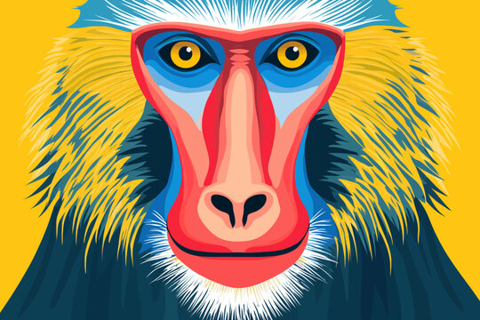 Close-up of a colorful, artistic monkey face with vibrant hues