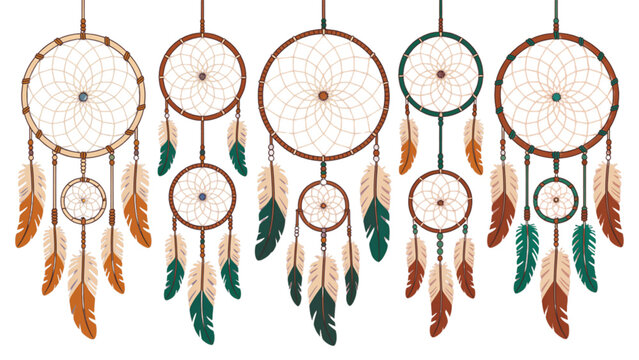 Colorful dreamcatchers hanging in a row with feathers and beads Vector