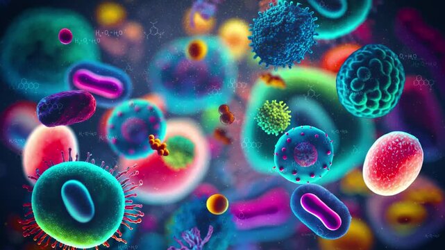 Gut microbe cells floating with chemical formulas representing human microbiome metabolism and digestive health biochemistry research in 4K Ultra HD footage