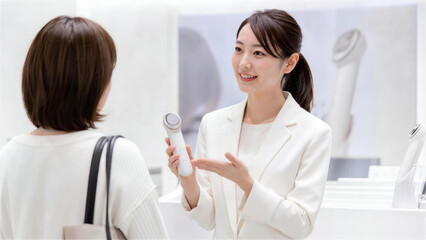 Fototapeta premium ショールームで女性客に小型の美容機器を説明する女性スタッフ