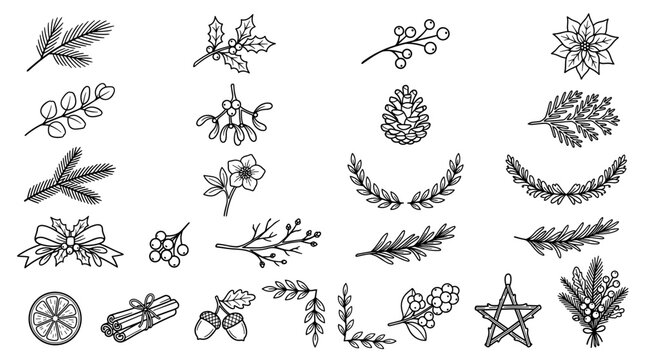 Vintage Christmas botanical line art set with pine, holly, berries, pinecones, wreaths, star and festive hand drawn holiday ornaments