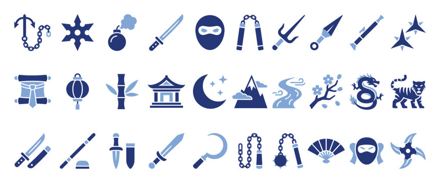 Set of ninja weapons, martial arts, and Japanese culture icons for games and apps.