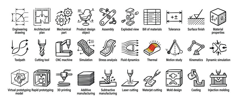 Set of CAD CAM design and manufacturing process icons for technological documentation