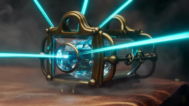 Mysterious steampunk device activates, shooting blue energy beams from a crystal core