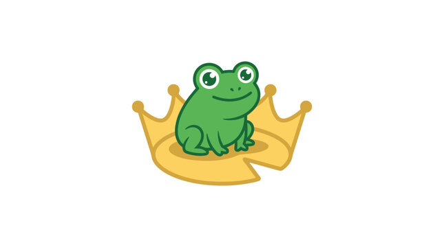 Whimsical green cartoon frog in flat vector illustration style, sitting on a golden crown. Cute amphibian character logo design