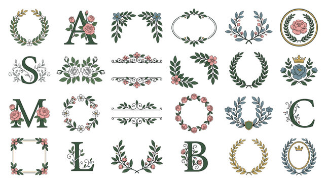Elegant floral monogram and frame collection with letters, wreaths, laurels, borders, crests and botanical ornaments on white