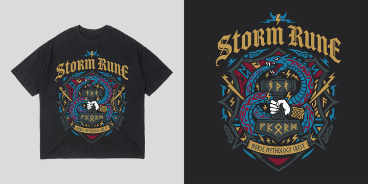 Editable storm rune vibrant serpent gothic t shirt vector design