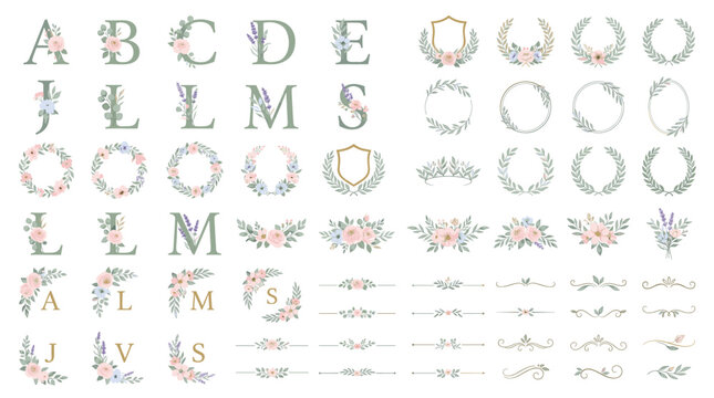 Floral monogram clipart collection with alphabet letters, wreath frames, botanical borders, laurels and delicate flower ornaments