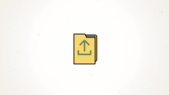 Animated yellow folder icon with green upload arrow on white background for cloud data storage concept