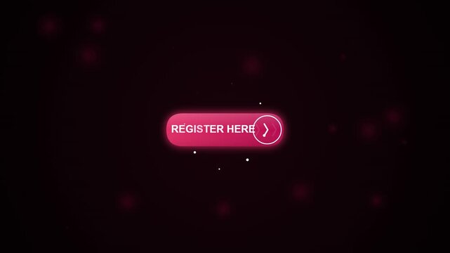 Glowing pink neon register here button animation for web sign up and marketing on a dark background with particles.