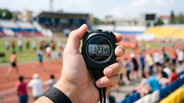 Close-up of a hand holding a digital stopwatch timer showing 01:23.45 at a track and field stadium during an athletic competition with runners and spectators in blurred background.