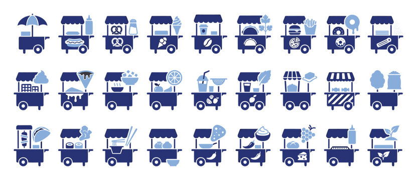 Set of food cart icons featuring diverse street food and snack offerings for menu graphics