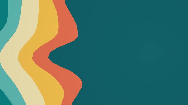 Retro 70s style abstract geometric animation with zooming sunburst and wavy patterns in teal orange and yellow for vintage background.