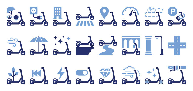 Set of electric scooter icons for urban transport app and sharing service concepts