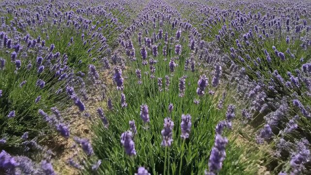 Rows of vibrant purple lavender plants stretching towards the horizon under a clear blue sky, evoking a sense of calm and natural beauty perfect for wellness and aromatherapy themes