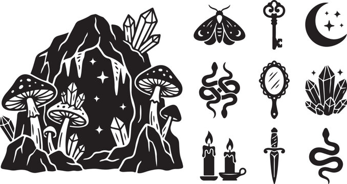 Mystical black and white fantasy illustration set