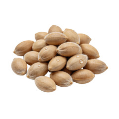 Obraz premium Pile of natural unshelled nuts with textured light brown shells and water droplets, isolated on bright white, ideal for healthy eating