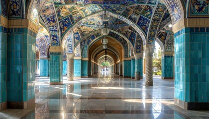 Obraz premium A mesmerizing corridor with turquoise tiles and intricate mosaic arches leading to a bright outdoors. Reflection on the tiled floor
