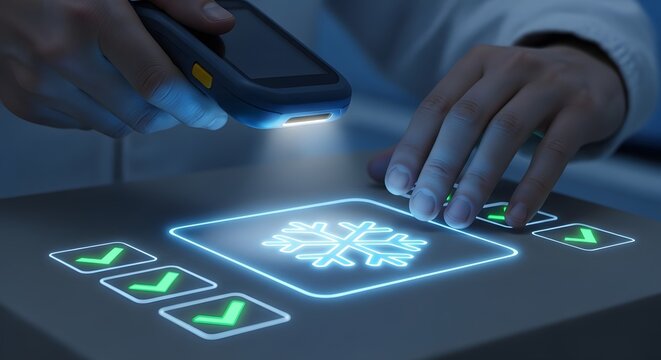 Advanced lab technician uses a modern handheld scanner to verify cold chain parameters on a glowing digital interface with snowflake and success indicators in a high-tech research facility