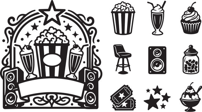 Movie Night Icon Set with Popcorn and Snacks